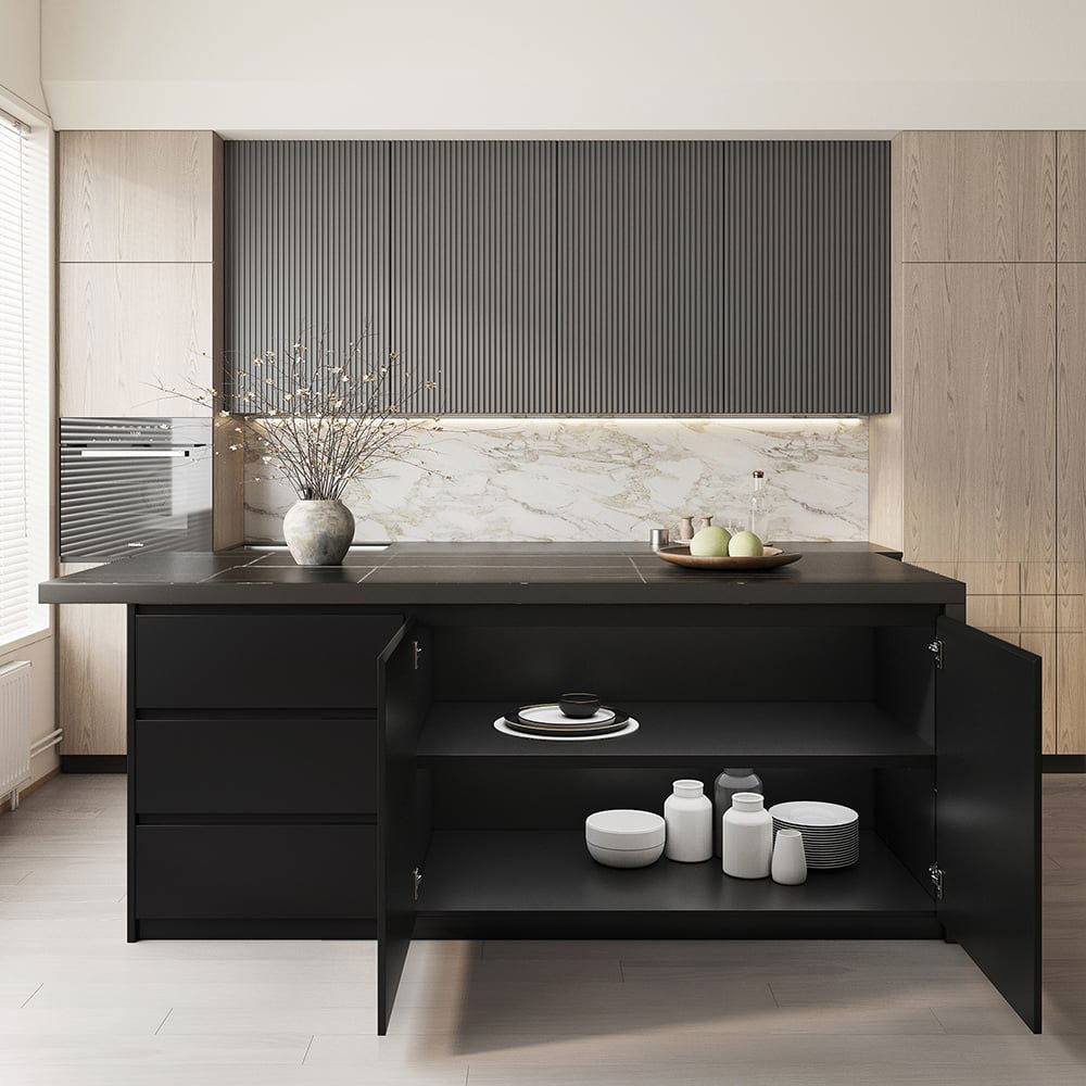1830mm Large Black Kitchen Island with Storage Cabinet Marble Veneered Top - 