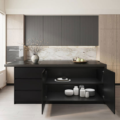 1830mm Large Black Kitchen Island with Storage Cabinet Marble Veneered Top - 