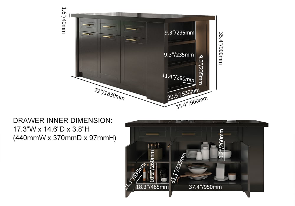 1830mm Large Black Kitchen Island with Storage Modern Kitchen Cabinet - 