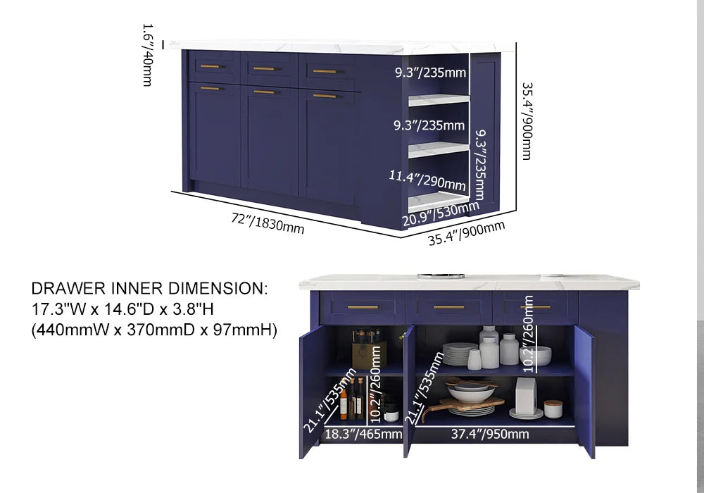 1830mm Large Blue Kitchen Island with Storage Modern Kitchen Cabinet - 