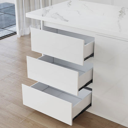 1830mm Large White Kitchen Island with Storage Kitchen Cabinet Marble Veneered Top - 