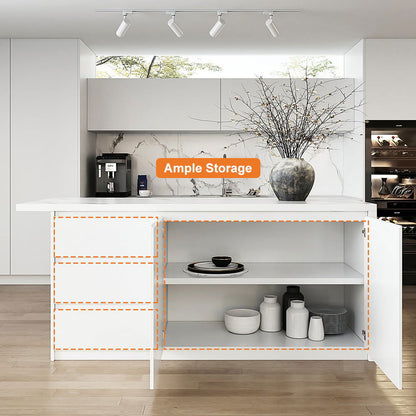 1830mm Large White Kitchen Island with Storage Kitchen Cabinet Marble Veneered Top - 