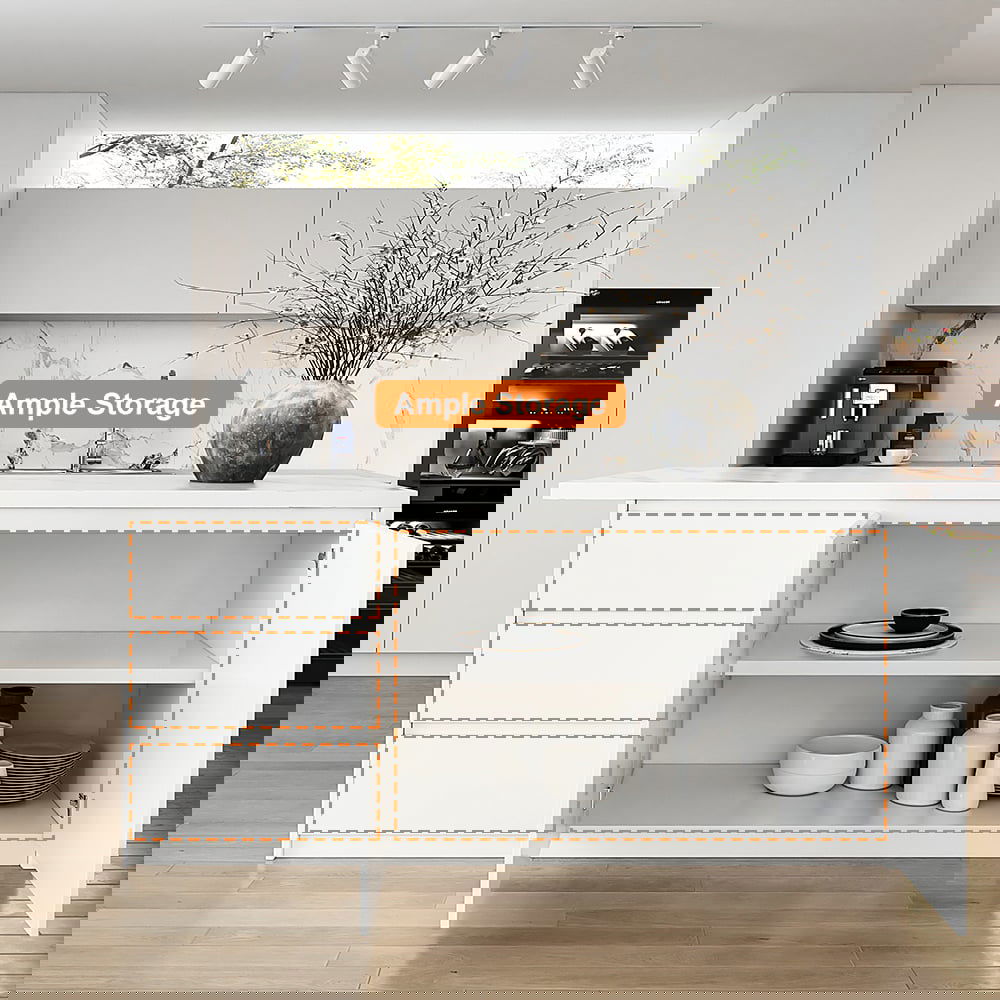 1830mm Large White Kitchen Island with Storage Kitchen Cabinet Marble Veneered Top - 