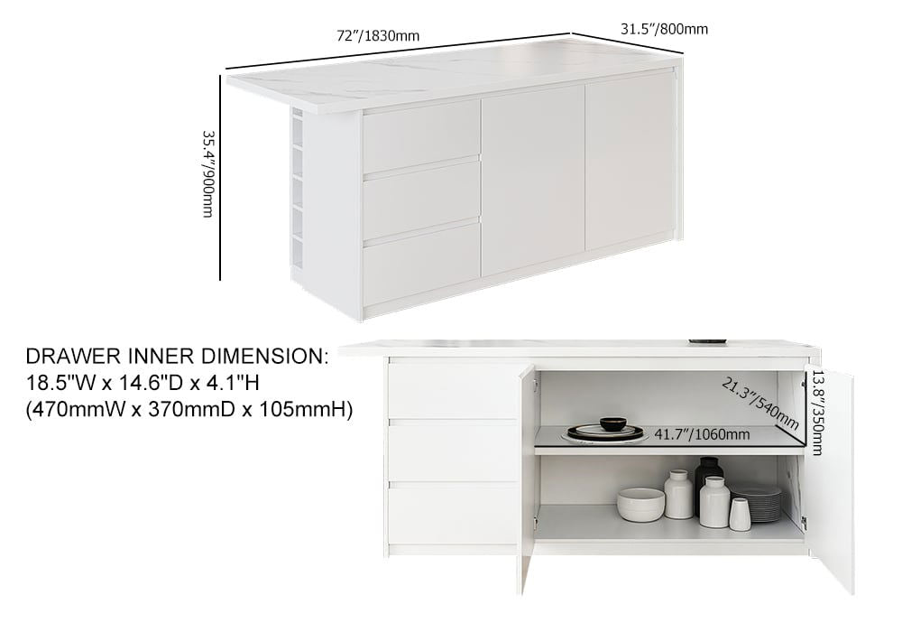 1830mm Large White Kitchen Island with Storage Kitchen Cabinet Marble Veneered Top - 