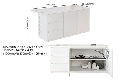1830mm Large White Kitchen Island with Storage Kitchen Cabinet Marble Veneered Top - 