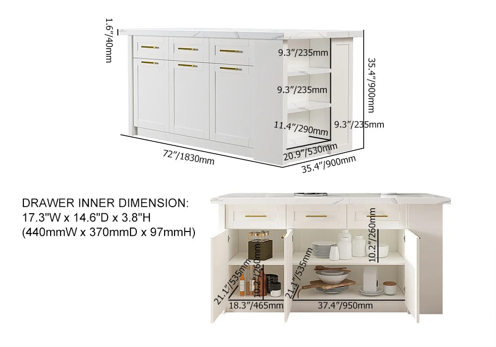1830mm Large White Kitchen Island with Storage Modern Kitchen Cabinet - 