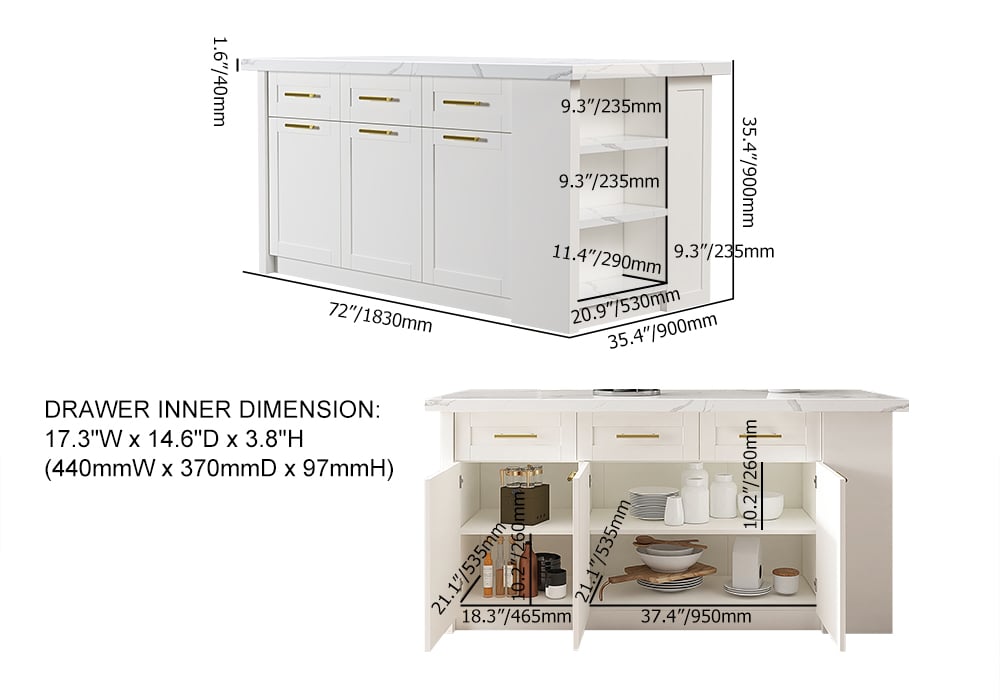 1830mm Large White Kitchen Island with Storage Modern Kitchen Cabinet - 