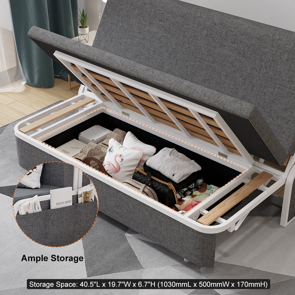 1830mm Modern Deep Grey Cotton Linen Upholstered Convertible Sofa Bed with Storage - Homary