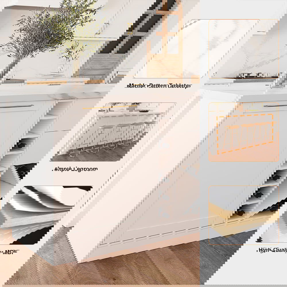 1830mm Modern White Kitchen lsland Marble Pattern Kitchen Cabinet with Wine Storage - 