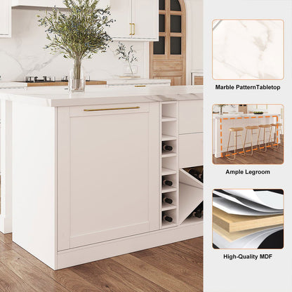 1830mm Modern White Kitchen lsland Marble Pattern Kitchen Cabinet with Wine Storage - 