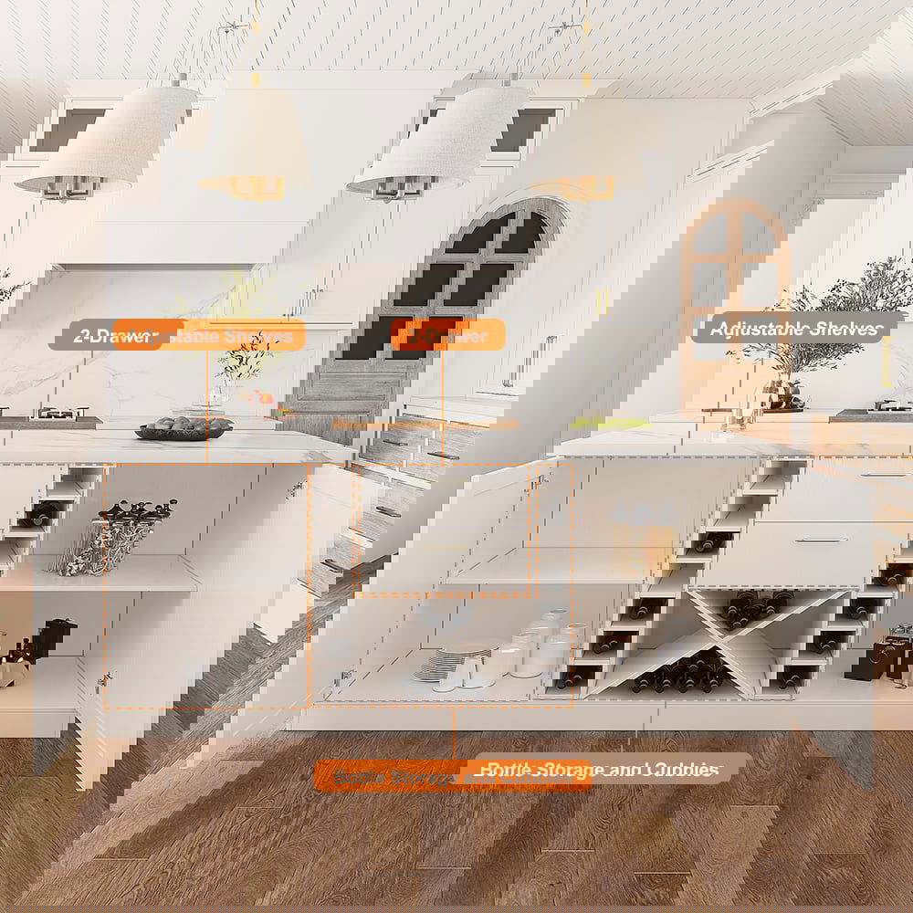 1830mm Modern White Kitchen lsland Marble Pattern Kitchen Cabinet with Wine Storage - 