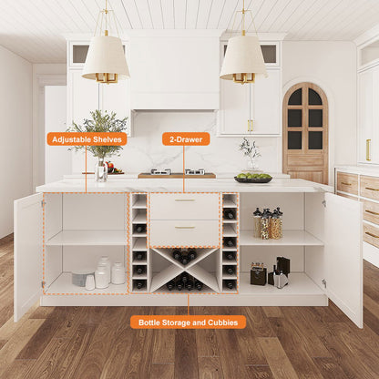 1830mm Modern White Kitchen lsland Marble Pattern Kitchen Cabinet with Wine Storage - 