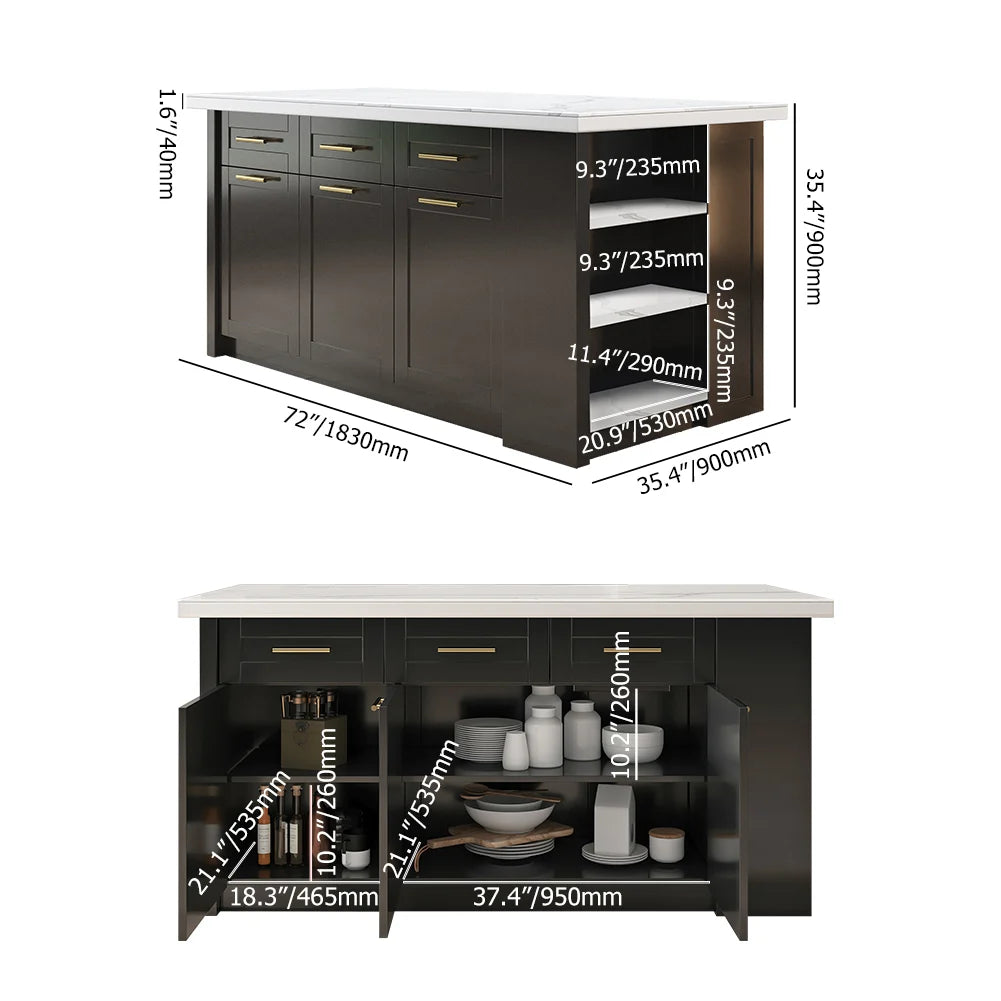 1830mm Sintered Stone White&Black Kitchen Island with Storage Modern Kitchen Cabinet - 