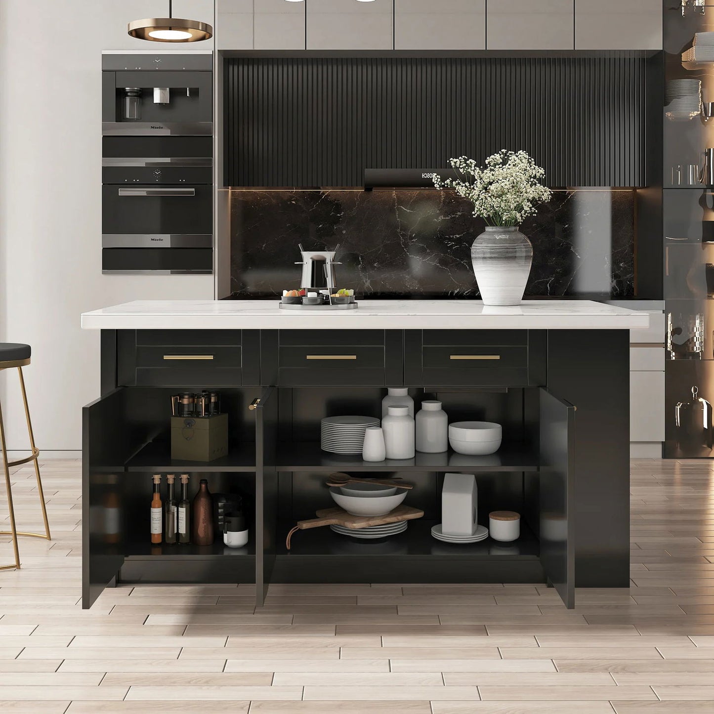 1830mm Sintered Stone White&Black Kitchen Island with Storage Modern Kitchen Cabinet - Homary