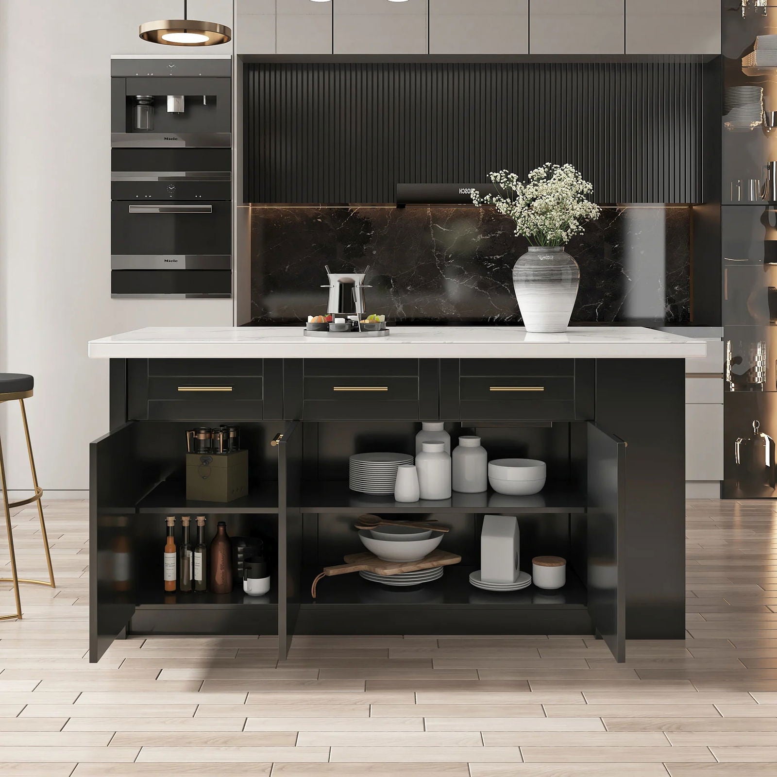 1830mm Sintered Stone White&Black Kitchen Island with Storage Modern Kitchen Cabinet - Homary