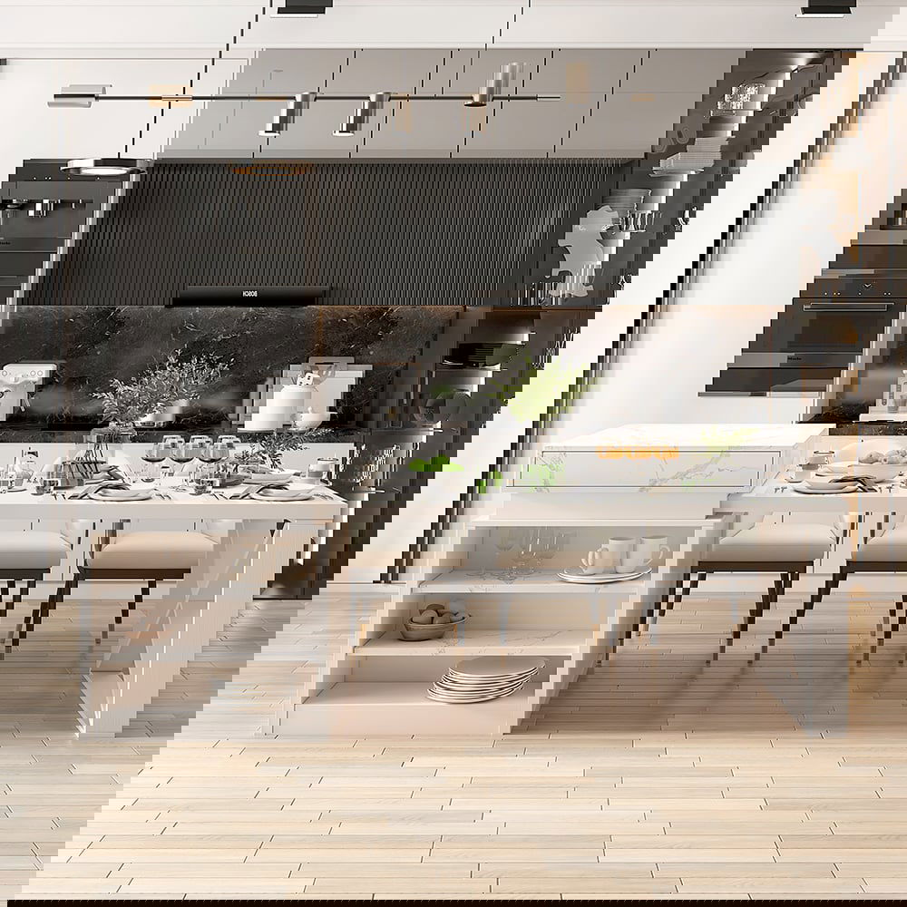 1850mm-2350mm Extendable Modern White Kitchen Island MDF with Storage Kitchen Cabinet - 