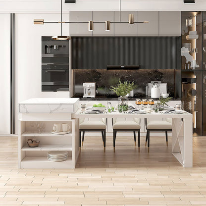 1850mm-2350mm Extendable Modern White Kitchen Island MDF with Storage Kitchen Cabinet - 