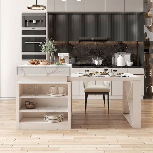 1850mm-2350mm Extendable Modern White Kitchen Island MDF with Storage Kitchen Cabinet - Homary