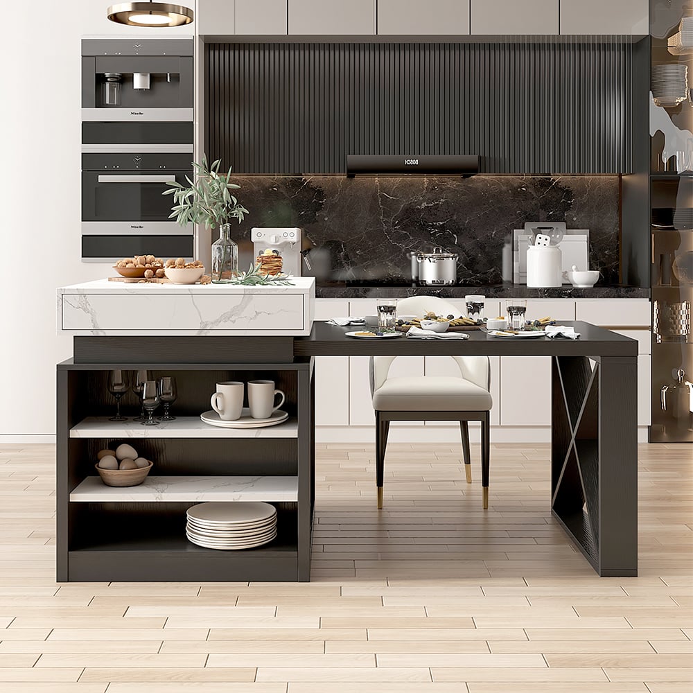 1850mm-2350mm Extendable White&Black Kitchen Island with Storage Kitchen Cabinet - 