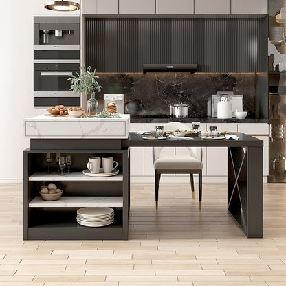 1850mm-2350mm Extendable White&Black Kitchen Island with Storage Kitchen Cabinet - 