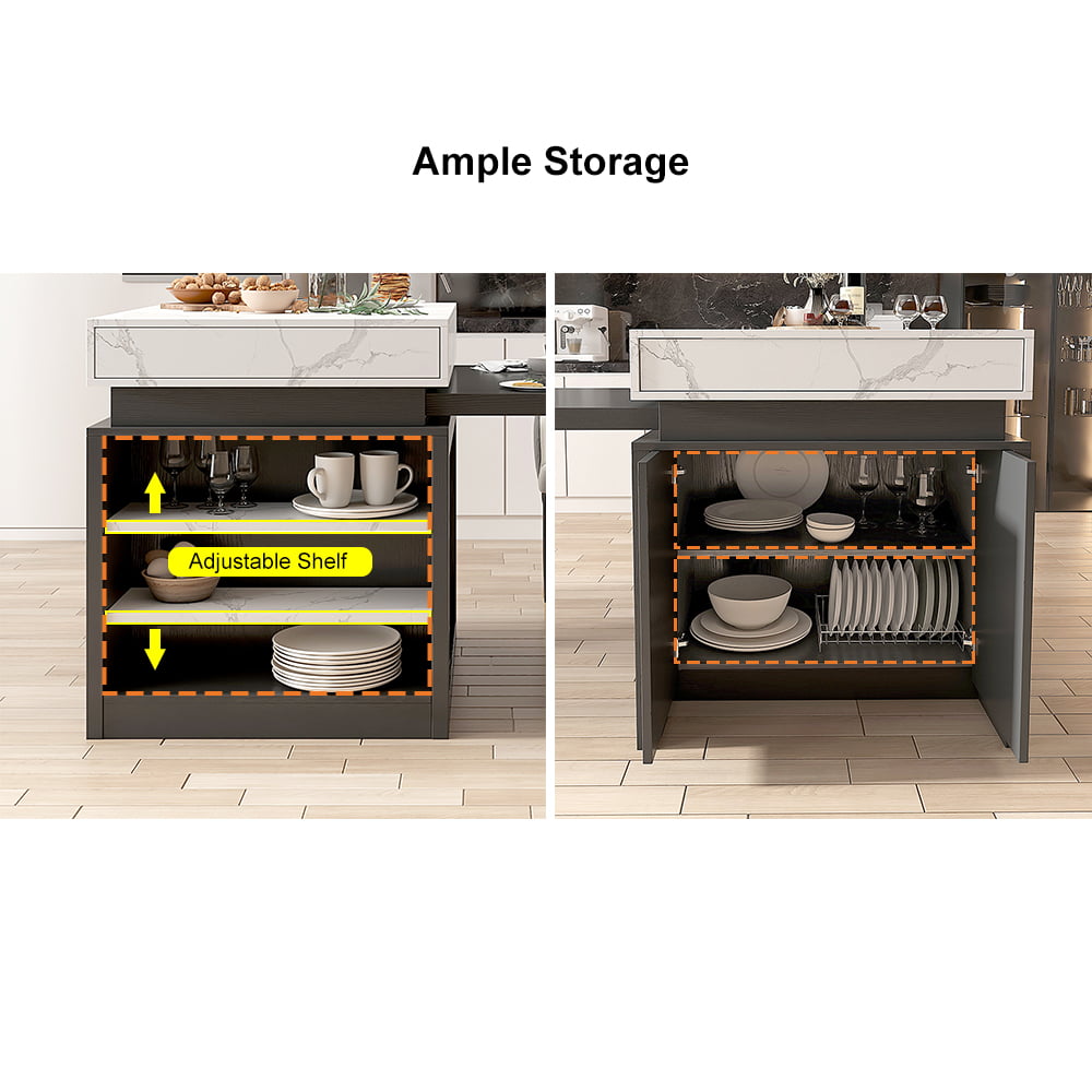 1850mm-2350mm Extendable White&Black Kitchen Island with Storage Kitchen Cabinet - 