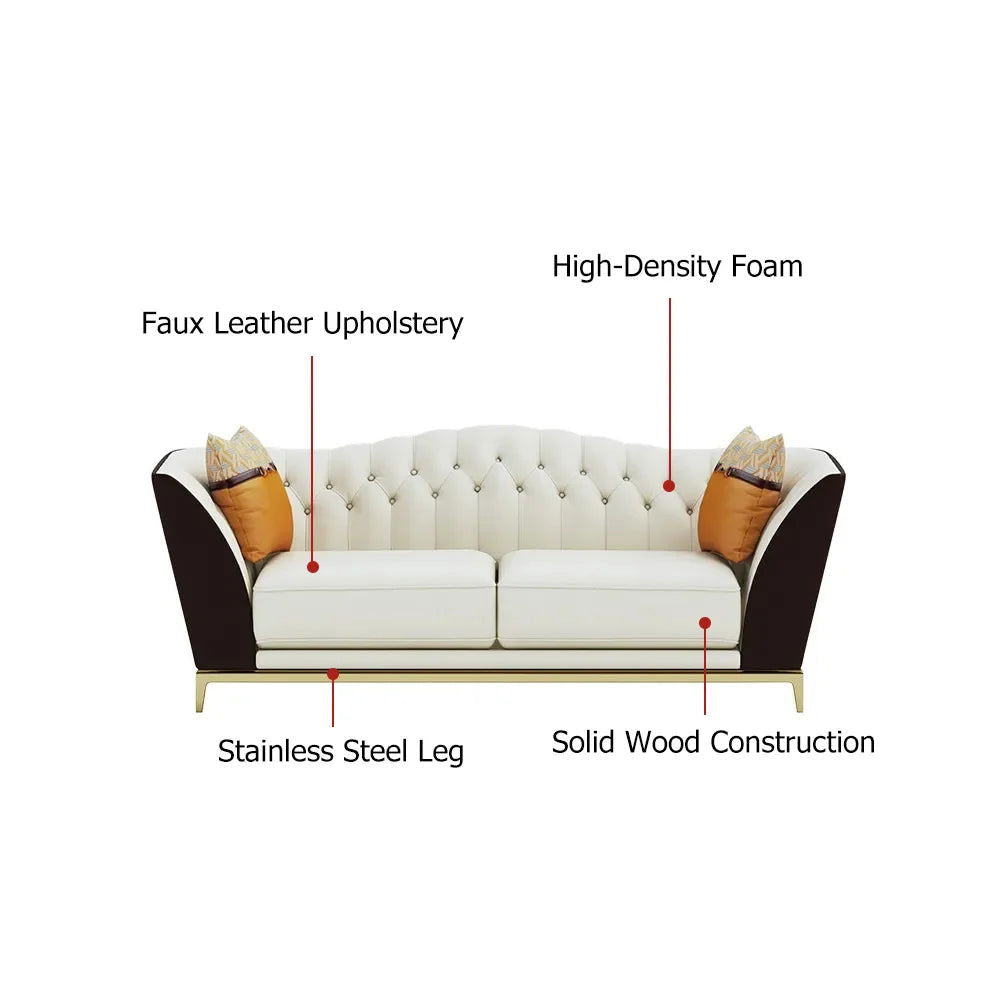 1850mm Faux Leather Upholstered Sofa White & Brown Mid-Century Couch Curved Tufted Back - 