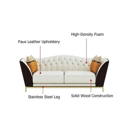 1850mm Faux Leather Upholstered Sofa White & Brown Mid-Century Couch Curved Tufted Back - 