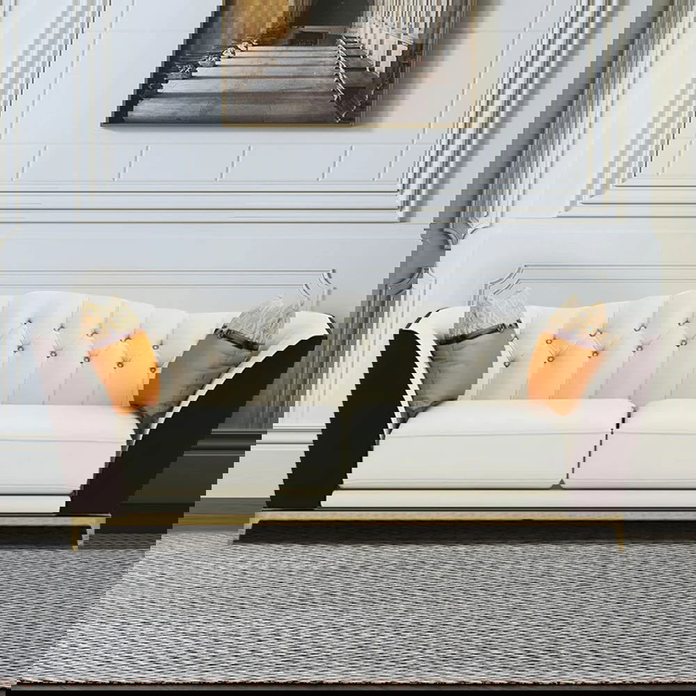 1850mm Faux Leather Upholstered Sofa White & Brown Mid-Century Couch Curved Tufted Back - Homary