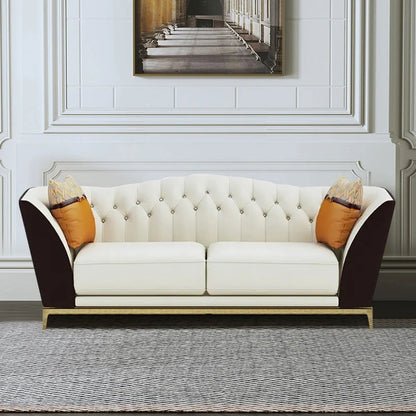 1850mm Faux Leather Upholstered Sofa White & Brown Mid-Century Couch Curved Tufted Back - Homary