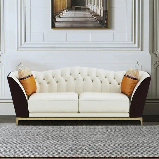 1850mm Faux Leather Upholstered Sofa White & Brown Mid-Century Couch Curved Tufted Back - Homary
