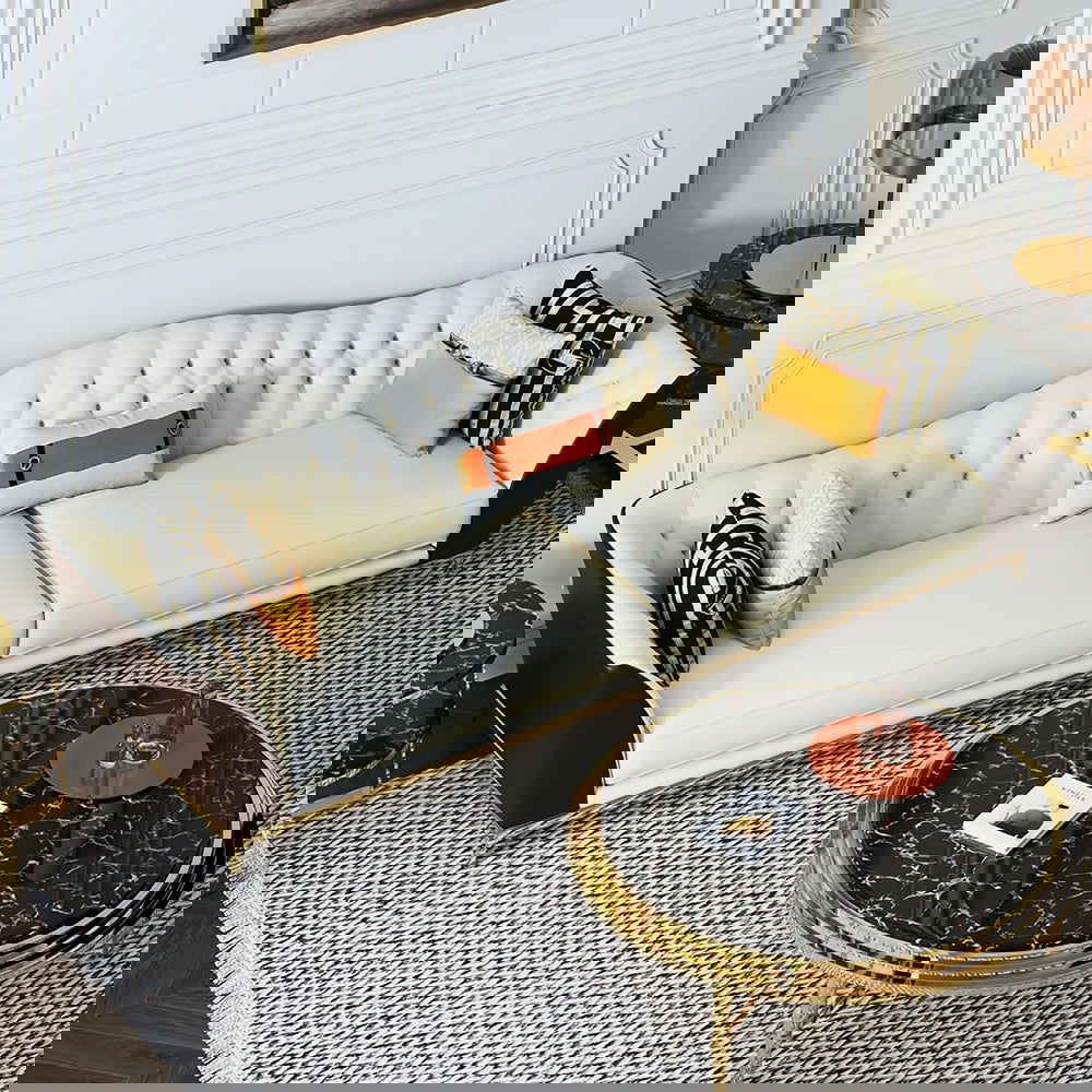 1850mm Faux Leather Upholstered Sofa White & Brown Mid-Century Couch Curved Tufted Back - Homary