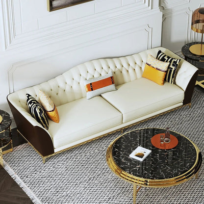 1850mm Faux Leather Upholstered Sofa White & Brown Mid-Century Couch Curved Tufted Back - Homary