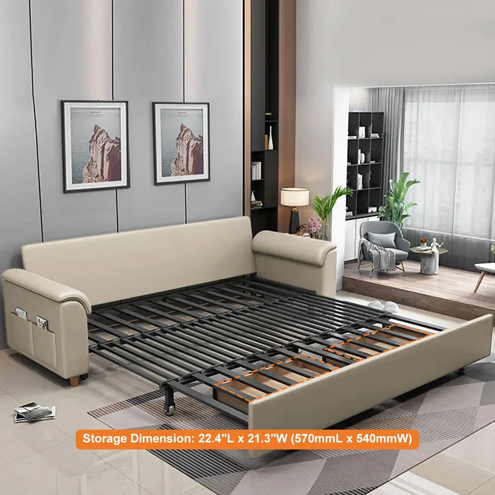 1880mm Beige Full Sleeper Convertible Sofa with Storage & Pockets Sofa Bed - 