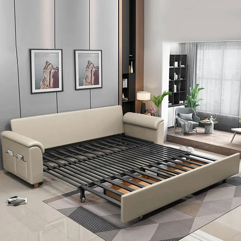1880mm Beige Full Sleeper Convertible Sofa with Storage & Pockets Sofa Bed - 