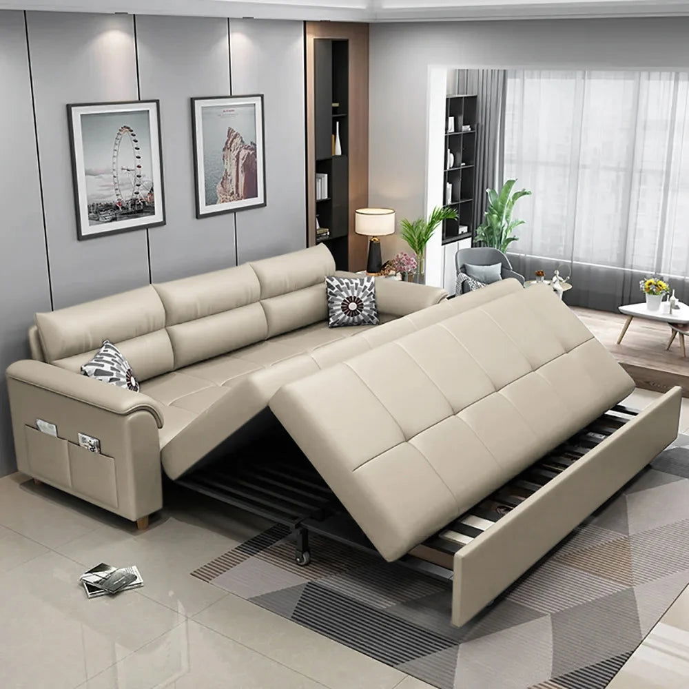 1880mm Beige Full Sleeper Convertible Sofa with Storage & Pockets Sofa Bed - 