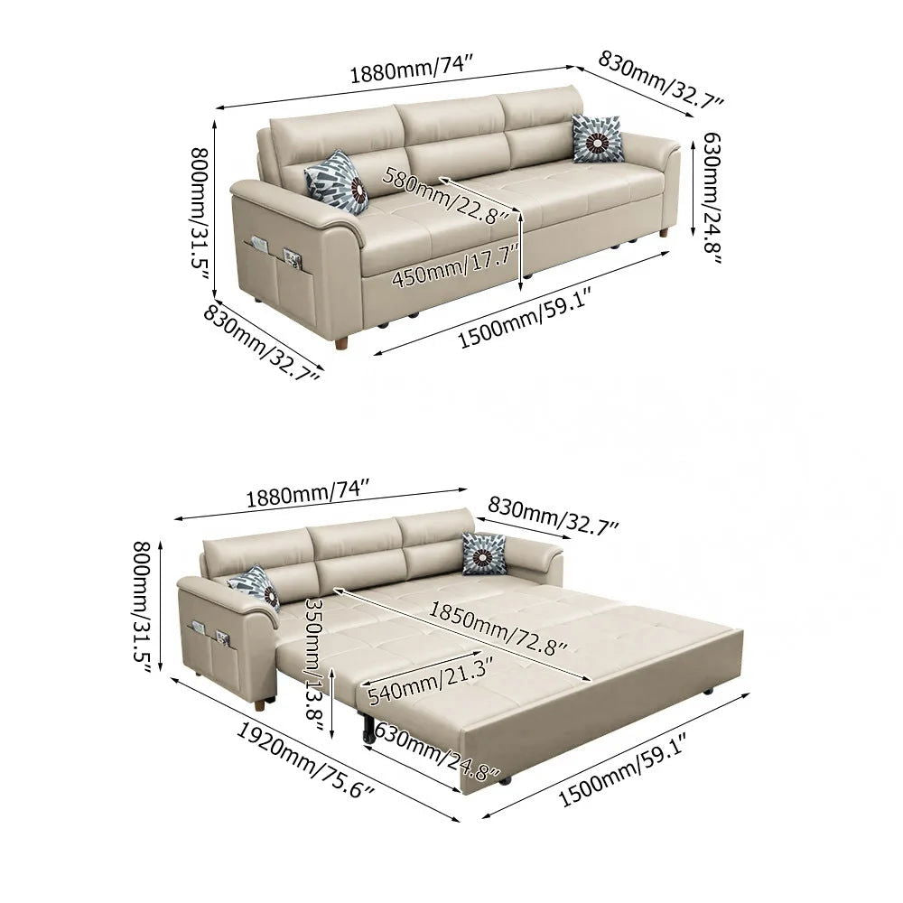 1880mm Beige Full Sleeper Convertible Sofa with Storage & Pockets Sofa Bed - 