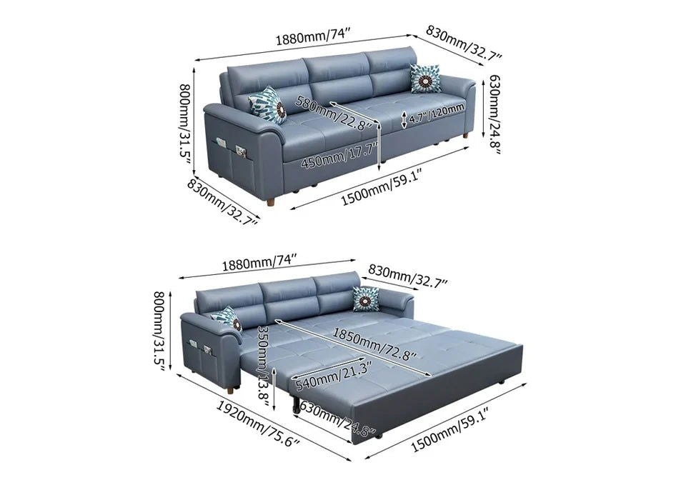1880mm Blue Full Sleeper Convertible Sofa with Storage & Pockets Sofa Bed - 