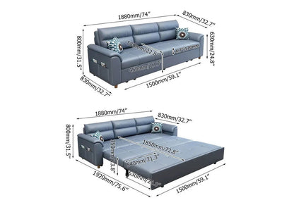 1880mm Blue Full Sleeper Convertible Sofa with Storage & Pockets Sofa Bed - 