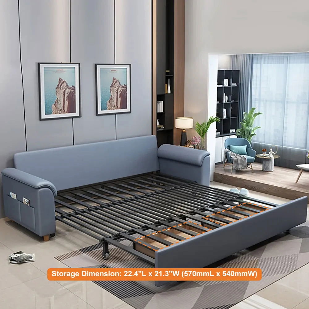 1880mm Blue Full Sleeper Convertible Sofa with Storage & Pockets Sofa Bed - 