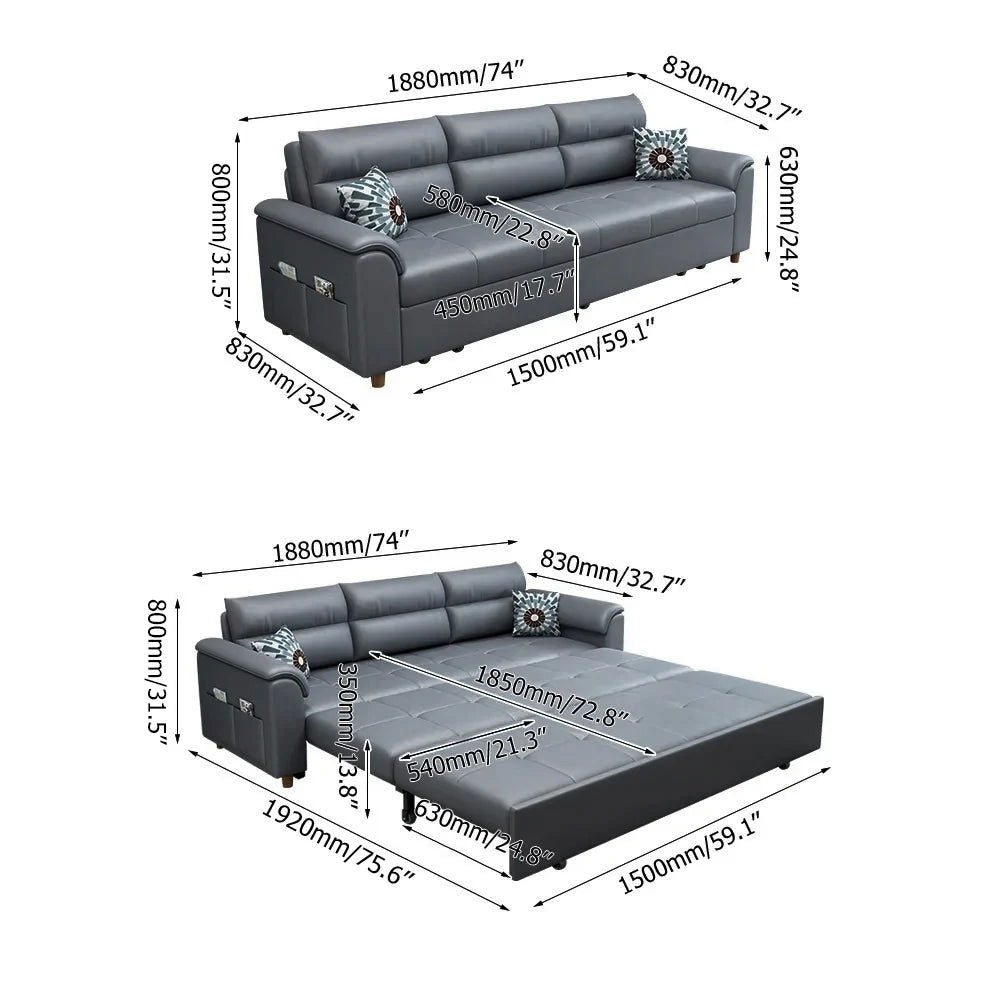 1880mm Deep Gray Full Sleeper Convertible Sofa with Storage & Pockets Sofa Bed - 