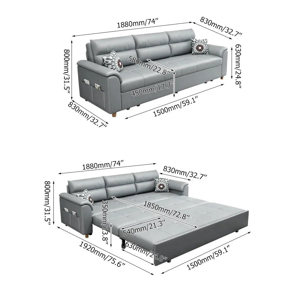 1880mm Light Gray Full Sleeper Convertible Sofa with Storage & Pockets Sofa Bed - 