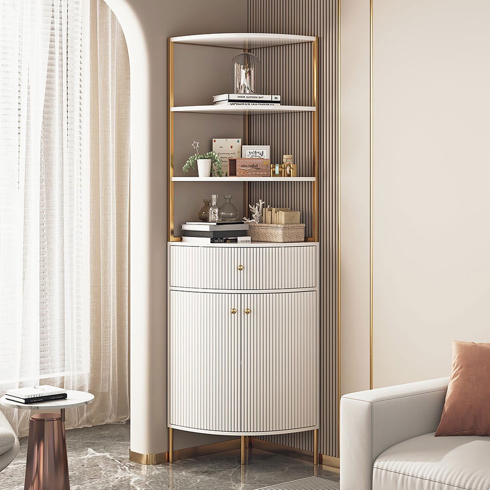 1900mm Modern White Etagere Corner Bookshelf 1 Drawer & 2 Doors Wooden Tall Bookcase - 