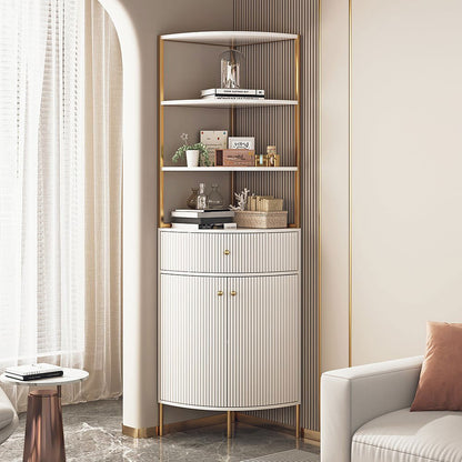 1900mm Modern White Etagere Corner Bookshelf 1 Drawer & 2 Doors Wooden Tall Bookcase - 