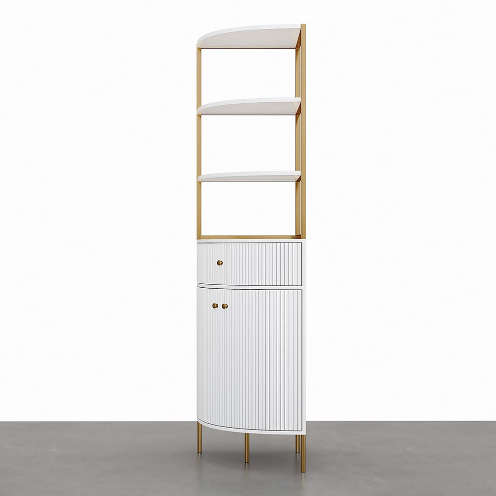 1900mm Modern White Etagere Corner Bookshelf 1 Drawer & 2 Doors Wooden Tall Bookcase - 