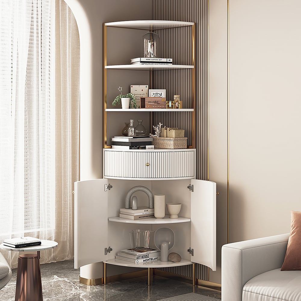 1900mm Modern White Etagere Corner Bookshelf 1 Drawer & 2 Doors Wooden Tall Bookcase - 