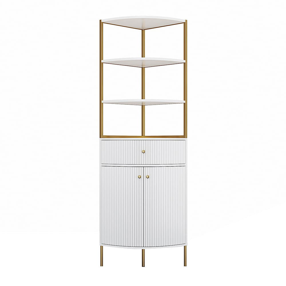 1900mm Modern White Etagere Corner Bookshelf 1 Drawer & 2 Doors Wooden Tall Bookcase - 