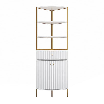 1900mm Modern White Etagere Corner Bookshelf 1 Drawer & 2 Doors Wooden Tall Bookcase - 