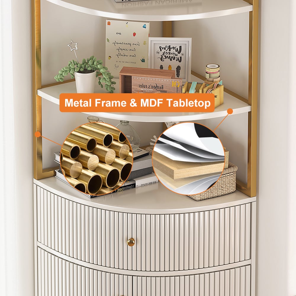 1900mm Modern White Etagere Corner Bookshelf 1 Drawer & 2 Doors Wooden Tall Bookcase - 