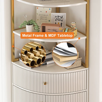 1900mm Modern White Etagere Corner Bookshelf 1 Drawer & 2 Doors Wooden Tall Bookcase - 