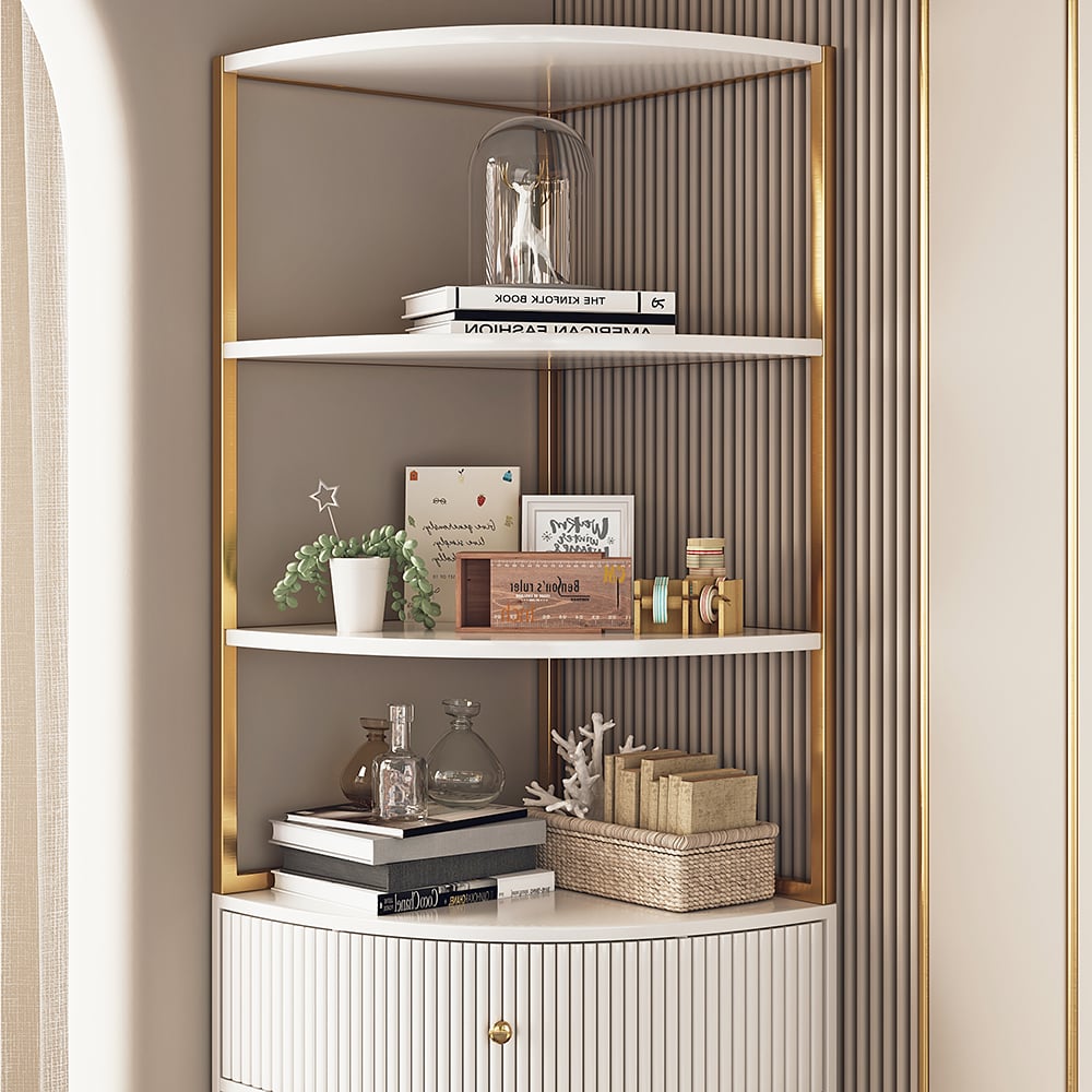 1900mm Modern White Etagere Corner Bookshelf 1 Drawer & 2 Doors Wooden Tall Bookcase - Homary